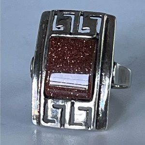 Vintage Sterling Silver Goldstone Greek Key Deco Style Ring  5g Sz 6.5